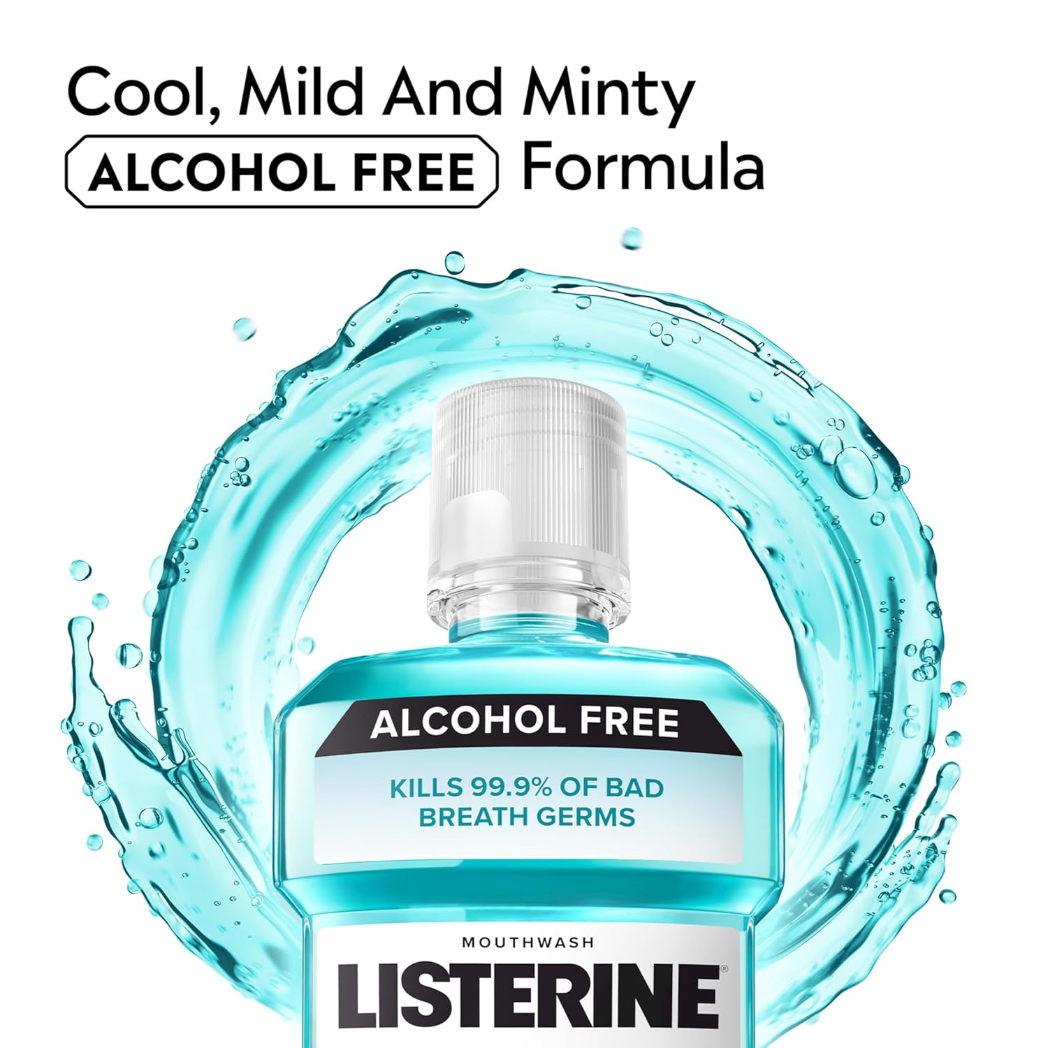 Listerine Cool Mint Alcohol Free Mouthwash, Bad Breath Germ Killing, Bad Breath Treatment Oral Rinse for Adults; Cool Mint Flavor, 500 mL, 6 Pack