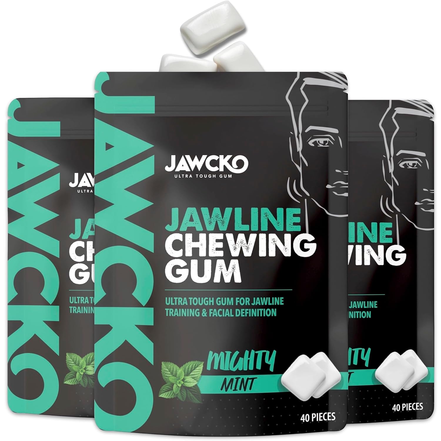 JAWCKO Ultra-tough Jawline Chewing Gum | Get a Stronger, Squarer Jawline | Mighty Mint Jaw Training Hard Gum | Chisel, Sculpt, Tone your Jaw | 15X Hardness | Facial Fitness Mewing Gum | 40 Pieces/Pack