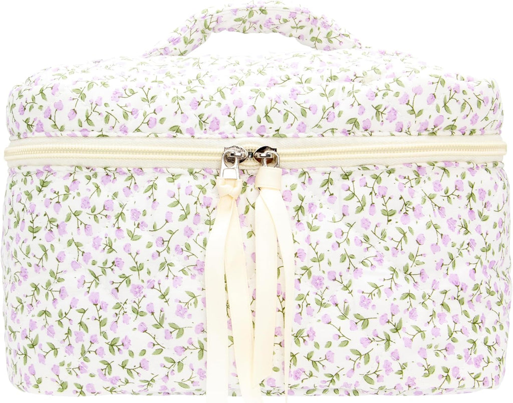 PAZIMIIK Quilted Makeup Bag Large Travel Zipper Soft Cosmetic Case for Women Girls Make Up,Floral Purple