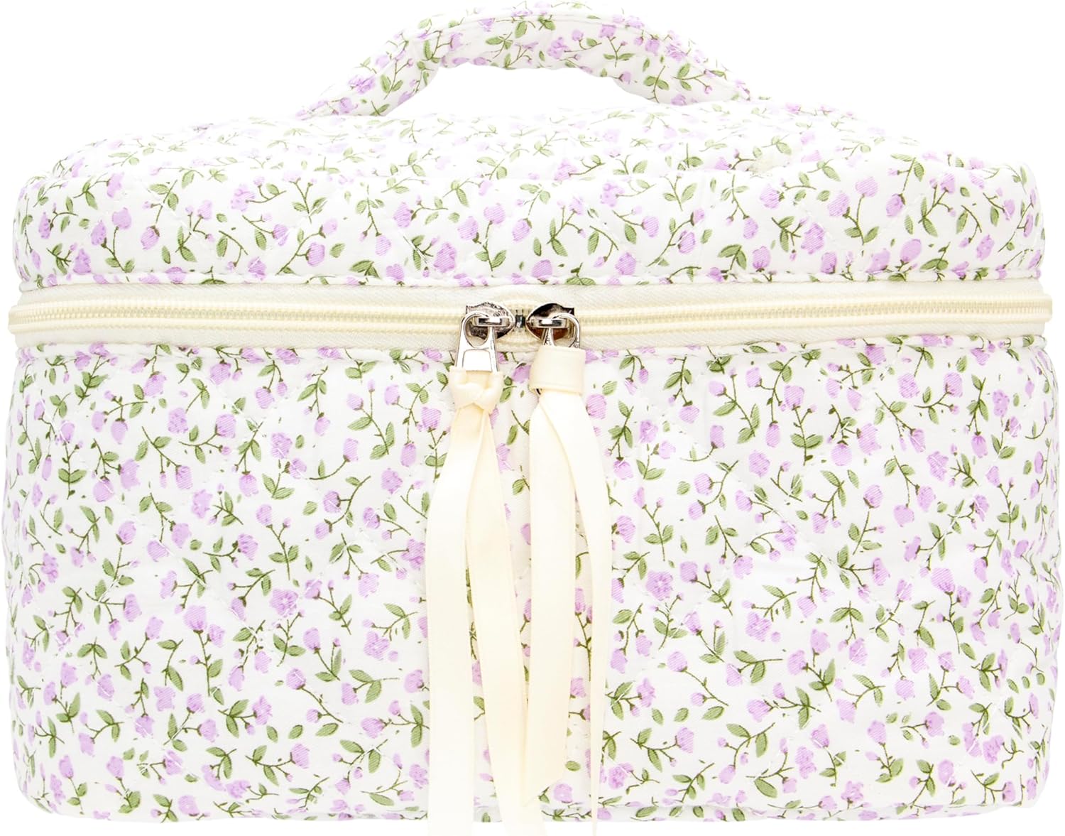 PAZIMIIK Quilted Makeup Bag Large Travel Zipper Soft Cosmetic Case for Women Girls Make Up,Floral Purple