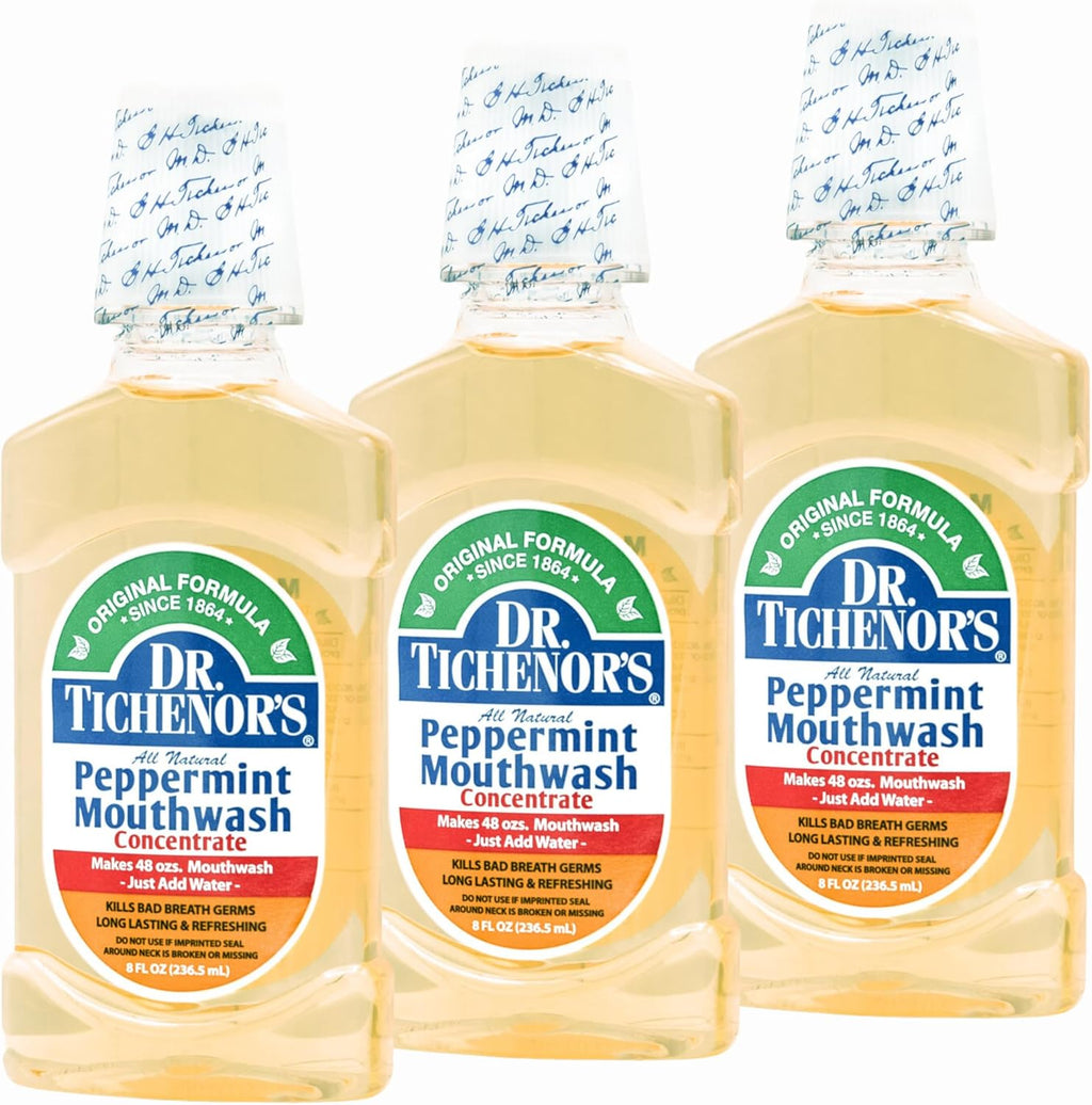 Dr. Tichenor's Peppermint Mouthwash Concentrate - Oral Rinse for Bad Breath and Oral Health with a Minty Punch for Soothing Relief of Minor Sore Throat Irritation - 8 Ounce (Pack of 3)
