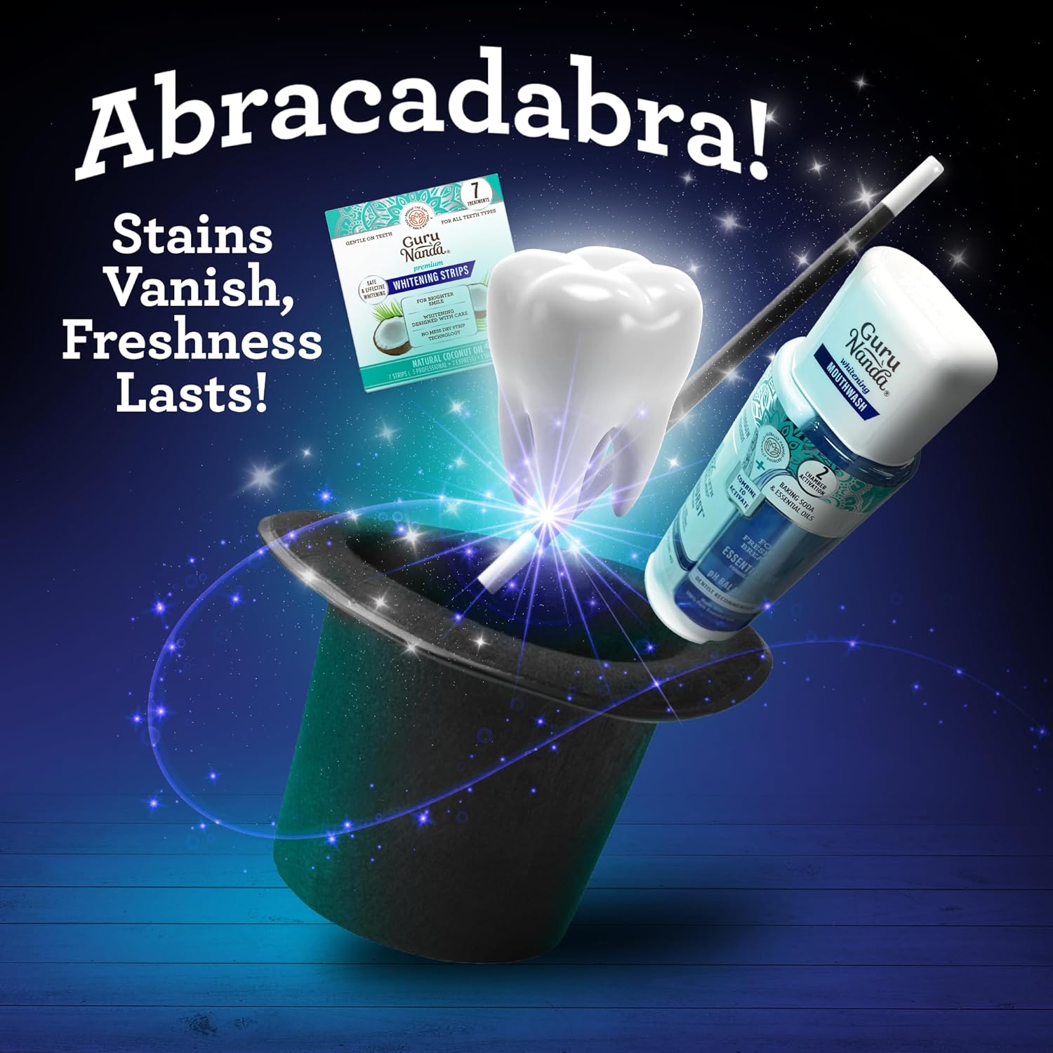 GuruNanda Whitening Wonder Duo, Dual Barrel Oxyburst Whitening Mouthwash 20 Oz & Teeth Whitening Strips with No Slip, Dry Strip Tech, 7 Day Treatments