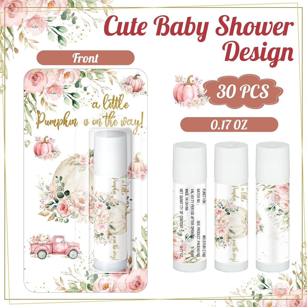 30 Pack Fall Little Pumpkin Baby Shower Games Prizes Gifts Bulk Pumpkin Pie Scented Lip Balms Favors for Boys Girls Pink Gender Reveal Decoration Halloween Autumn Thanksgiving Baby Shower Bags Stuffer