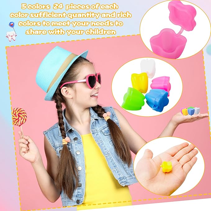 120 Pcs Colorful Tooth Savers Plastic Tooth Holders Small Tooth Treasure Chest Tooth Box for Boys and Girls Lost Teeth Dentist Office Giveaways Theme Party Favor, 5 Colors