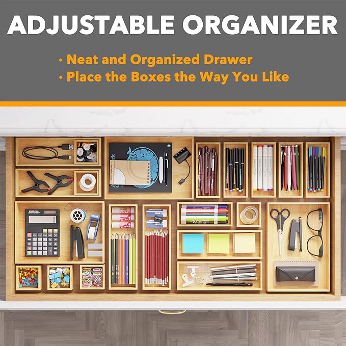 SpaceAid 21-Piece Bamboo Drawer Organizer Storage Boxes Set, Wood Tray Junk Drawer Organizers Multi-Use Divider Bins for Kitchen, Bathroom, Office Desk and Makeup Organization (21 Pack, Natural)