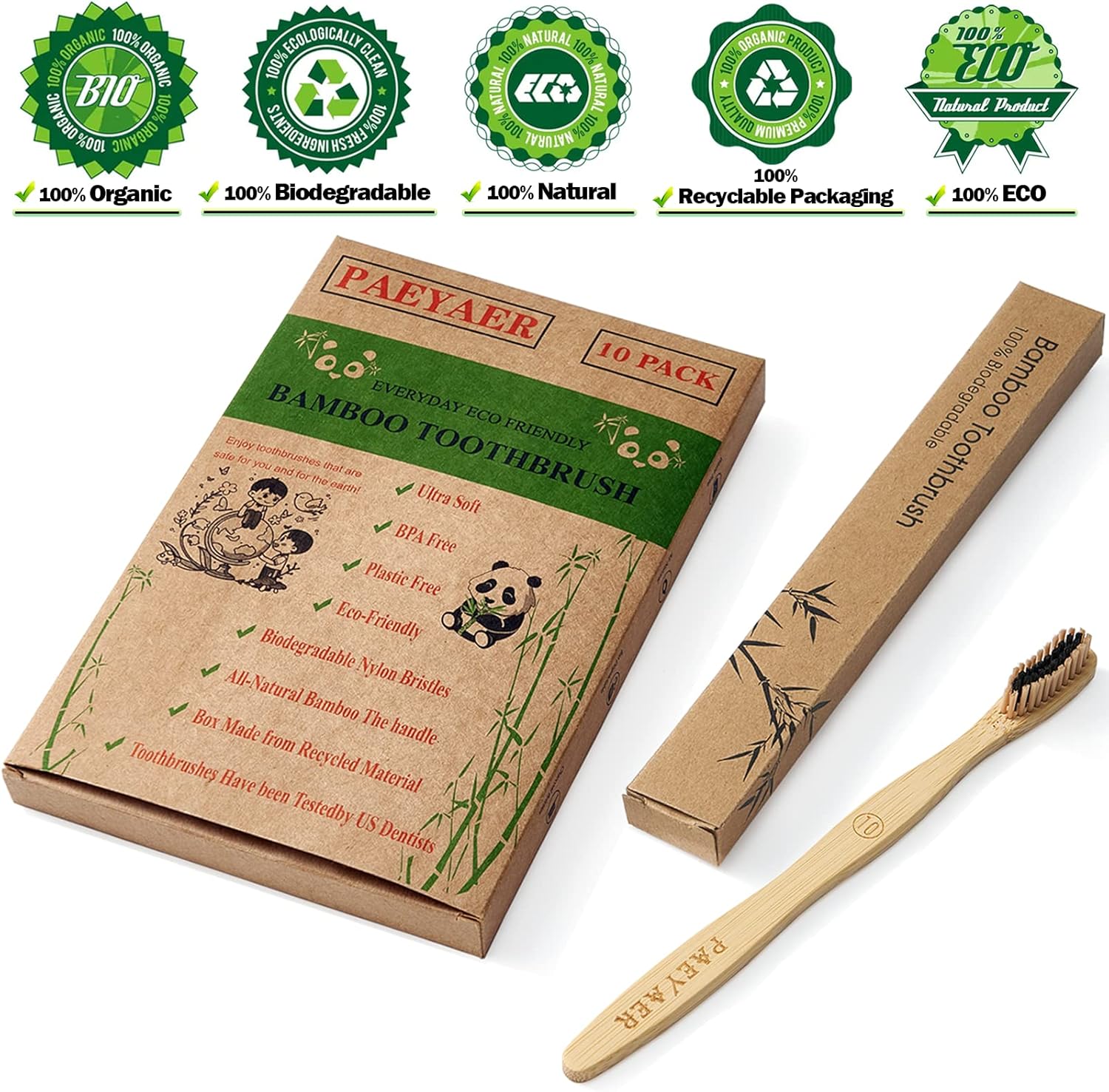 10 Count Bamboo Toothbrush (Soft+Medium) Charcoal Toothbrushes, Natural Wood Toothbrushes, Reusable Travel Toothbrushes