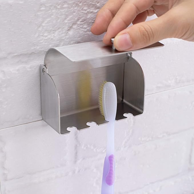 6-Slot Stainless Steel Toothbrush Holder with Cover - Wall Mounted, Dustproof, Self-Adhesive, Rustproof Bathroom Organizer for Toothbrush Storage (Silver)