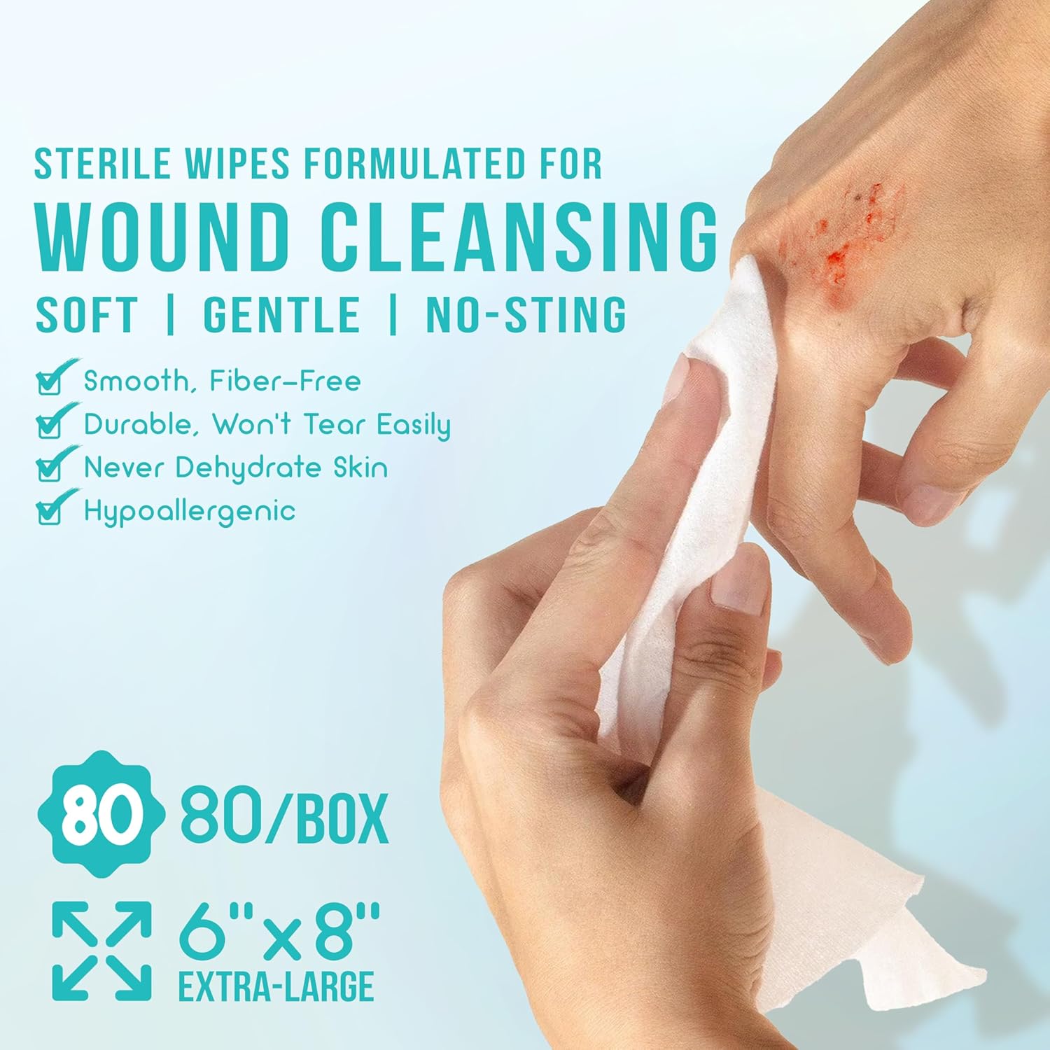 Saline Wipes | 80 Pcs Sterile Wet Towelettes Formulated for Sensitive Skin | Nose, Piercing Aftercare, Baby & Kids | No-sting Alcohol-Free Wipes with Aloe Vera | 6" x 8" Extra Large Sheet