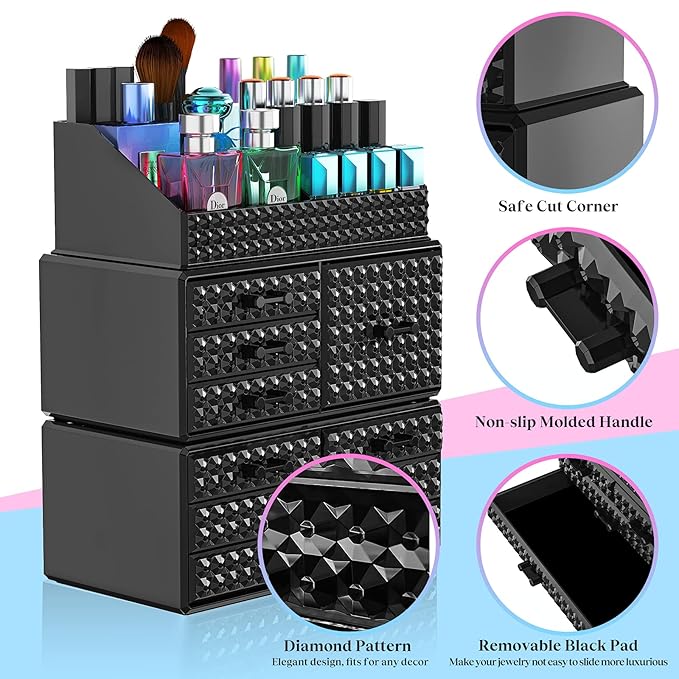 3 Pack Makeup Organizer Stackable[Upgraded], Acrylic Cosmetics Storage Cases with 8 Drawers Perfume Organizers For Brush Holder or Jewelry Display,Plus Size,Best For Vanity,Bathroom or Countertop