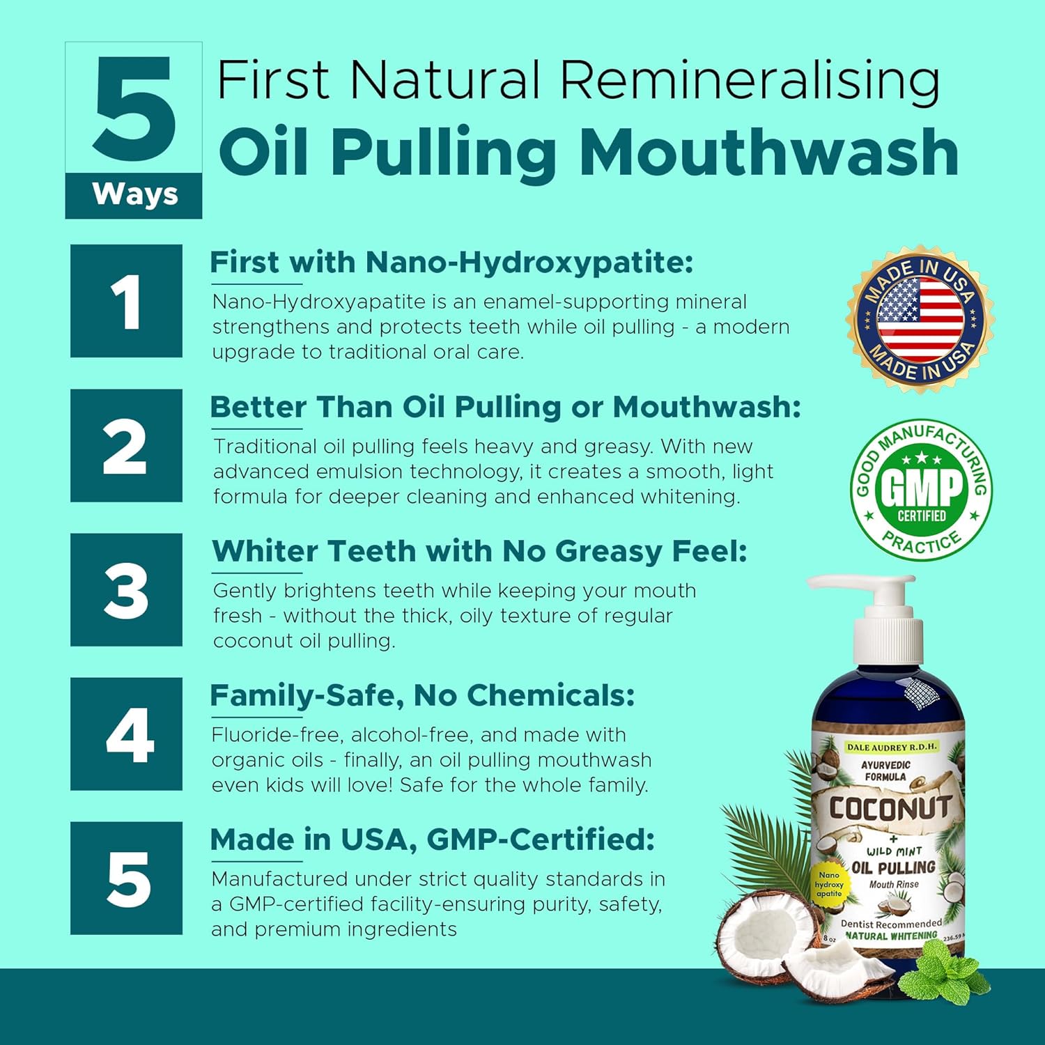 Ayurvedic Nano Hydroxyapatite Coconut Oil Pulling for Teeth and Gums, Made in USA Whitening Mouthwash Alcohol Free, Teeth Whitening Pulling Oil with Peppermint Oil, Fights Bad Breath & Plaque, 8 FL Oz