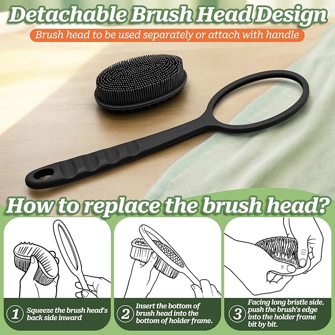 Silicone Back Washer for Shower, Gentle Silicone Back Scrubber for Lathering, Soft Silicone Loofah Bath Brush with Dual-Side & Detachable Brush Head, Good for Sensitive Skin(Green)