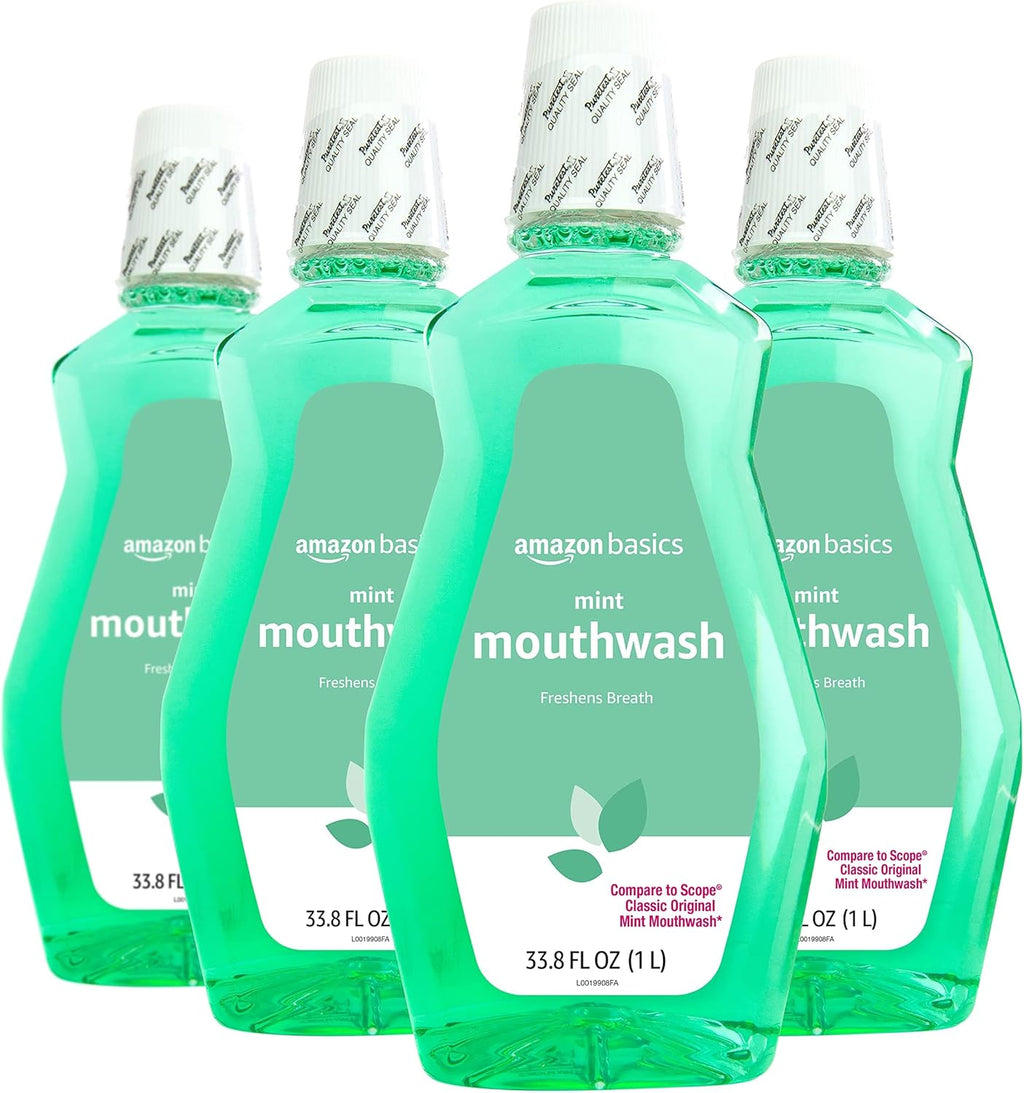 Amazon Basics Fresh Breath Mouthwash, Mint, 33.8 Fl Oz (Pack of 4), (Previously Solimo)