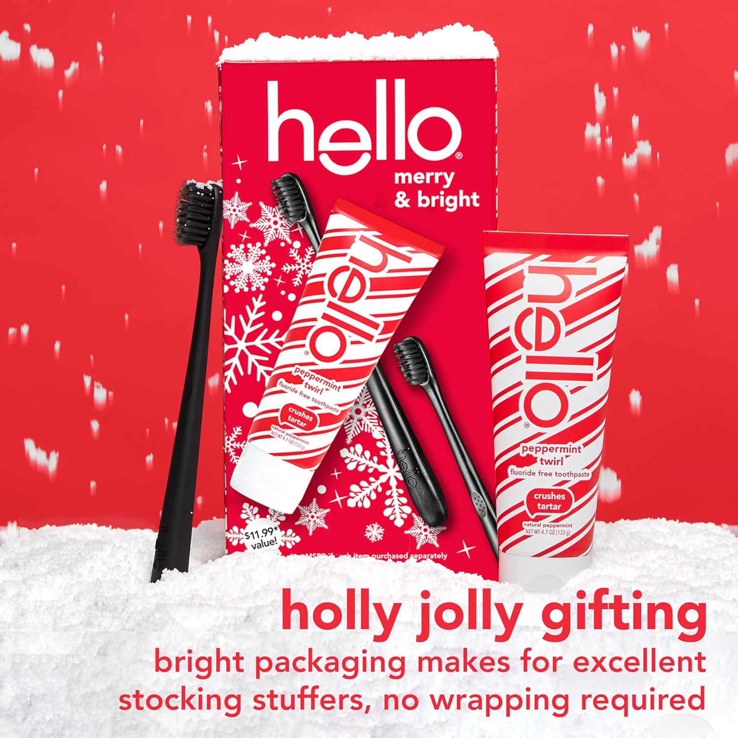 Hello Fluoride Free Toothpaste and Soft Charcoal Toothbrush Adult Stocking Stuffer Kit, Holiday Gift Set, Black Toothbrushes, Mint Toothpaste, SLS Free, Crushes Tartar