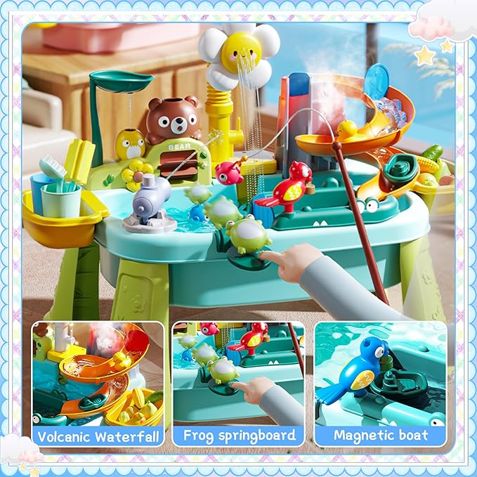 2026 Upgraded Toddler Sand Water Table Toy with Electric Water Pump, Kids Sand Water with Faucet/Play Food Accessories/Fishing Toy, Kitchen Play Sink Toys for Girl Boy Age 3+