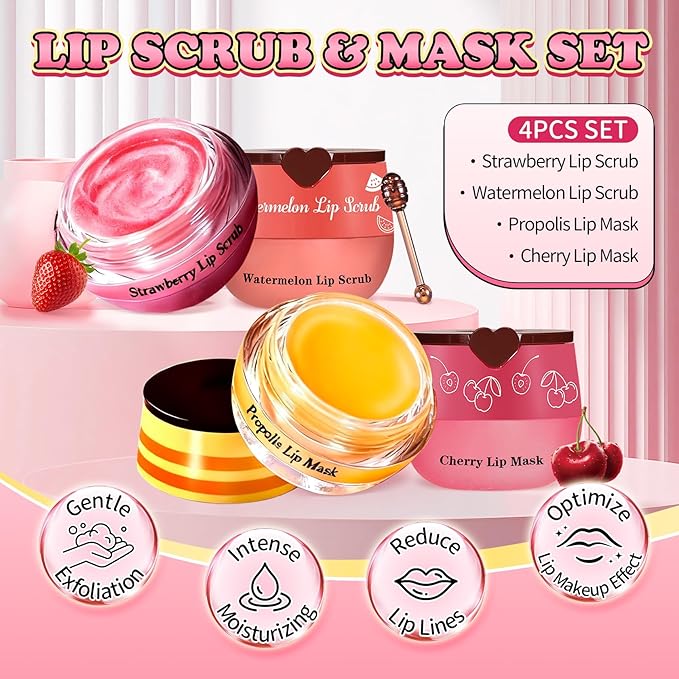 4PCS Lip Scrub and Mask Set,Cherry and Honey Pot Lip Balm,Strawberry and Watermelon Lip Exfoliator Scrub and Moisturizer,Repair Lips Sleeping Mask,Reduce Fine Lines Lips Care Set