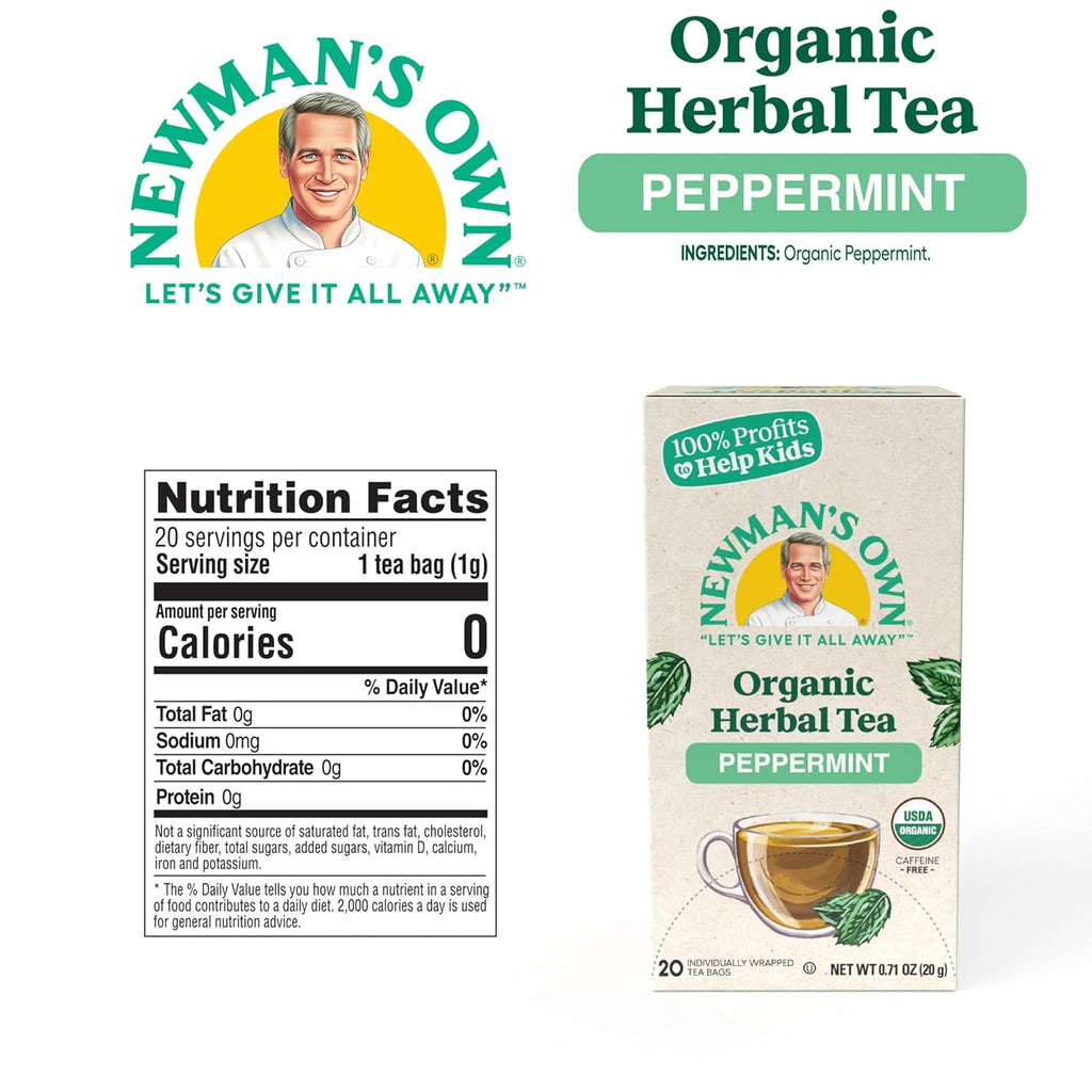 Newman's Own Organic Peppermint Tea Caffeine Free Refreshing Mint Herbal That May Aid Digestion with 20 Individually Wrapped Bags Per Box USDA Certified 2.8219 Ounce