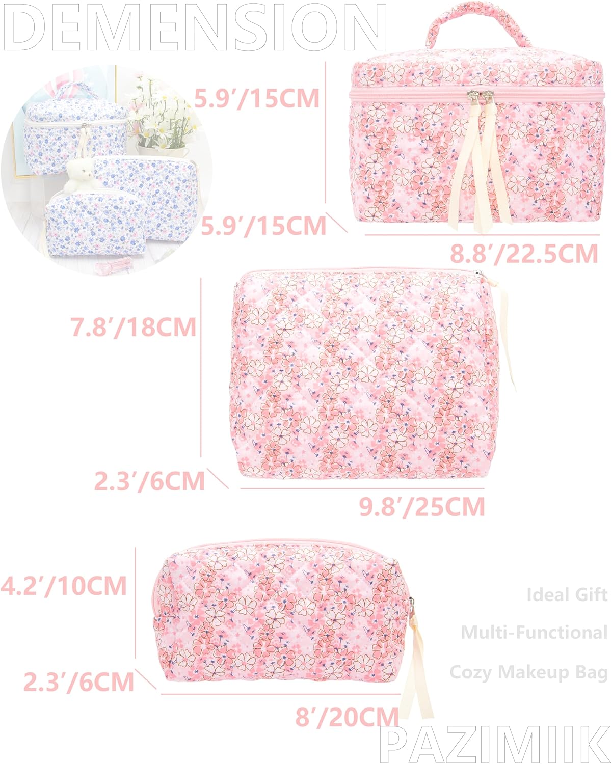 PAZIMIIK 3PCS Makeup Bag SET Large Travel Quilted Zipper Soft Cosmetic Case Pouch for Women Girls Make Up,Pink Flower