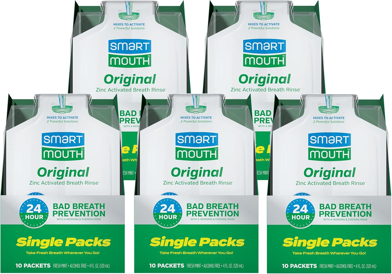 SmartMouth Original Activated Mouthwash Single Packs, Travel Mouthwash, Fresh Mint, 50 Pack