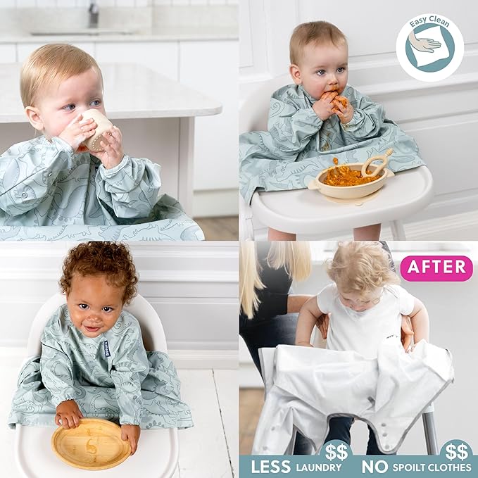 BIBaDO - Long Sleeve Baby Bibs - Babies & Toddlers 6-36 Months - Coverall Baby Led Weaning Bib - Easy Wipe, Soft & Waterproof