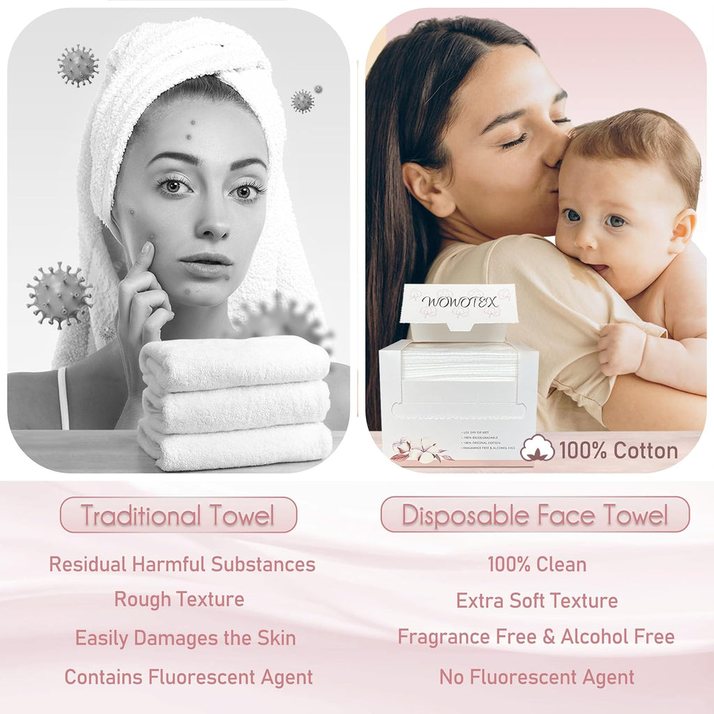 100% Cotton Disposable Face Towel 50 Count 10x12 Inch | Biodegradable Thick Soft One Time Use Dry Wipes for Sensitive Skin, Baby Care, Facial Cleaning, Makeup Removal
