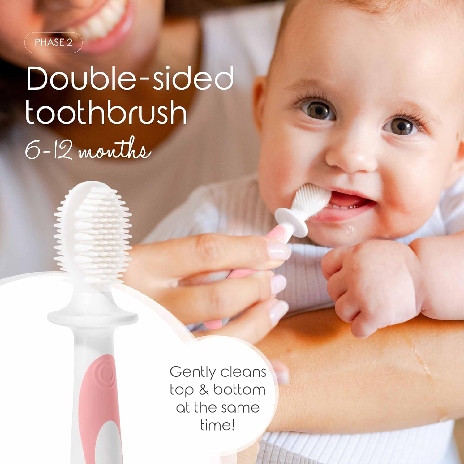 Cherish Baby Care Baby Toothbrush & Toddler Toothbrush Set (0-2 Years) - BPA-Free & Safety-Tested, 2023 Award Winner, Food-Grade Silicone (Pink)