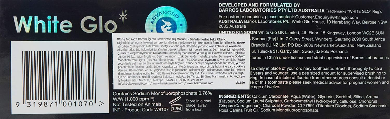 White Glo Charcoal Deep Stain Remover Toothpaste, 100ml