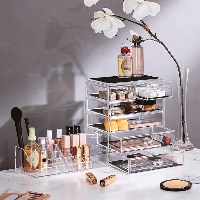 Sorbus Acrylic Makeup Organizer Set, 6-Drawer Vanity & Countertop Cosmetic Storage with Small & Wide Compartments, Clear Makeup Storage for Brushes, Lipsticks, Jewelry – Holiday Gift for Women & Teens