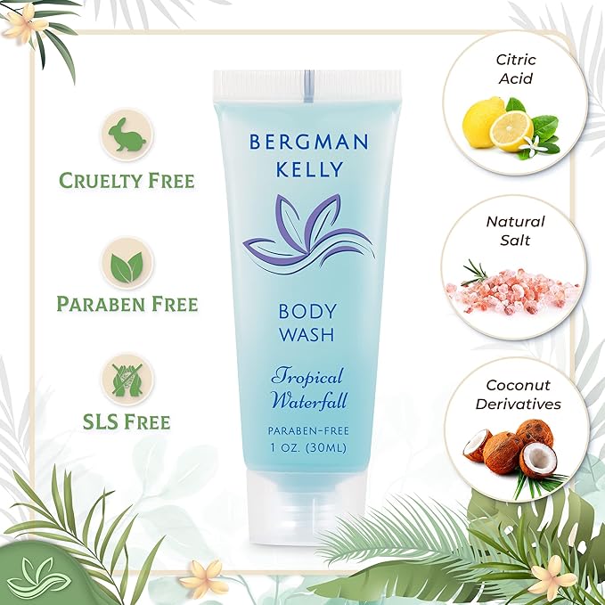BERGMAN KELLY Travel Size Body Wash (1 fl oz, 200 PK, Tropical Waterfall), Delight Your Guests with an Invigorating and Refreshing Hotel Body Wash, Mini and Small Size Guest Hotel Toiletries in Bulk