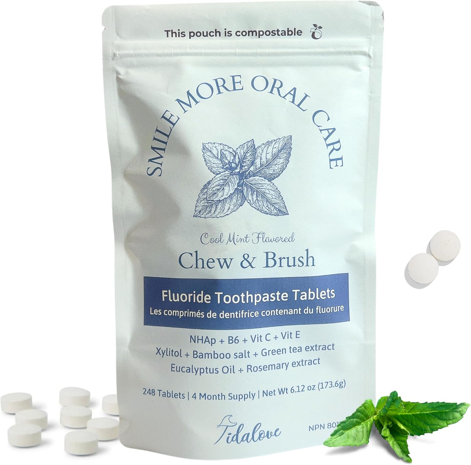 Smile More Toothpaste Tablets with Fluoride & nHAp - Vegan, Enamel Strengthening, Zero Waste, Paper Refill, 248 Tablets, Cool Mint, 4 Month Supply, Travel-Friendly