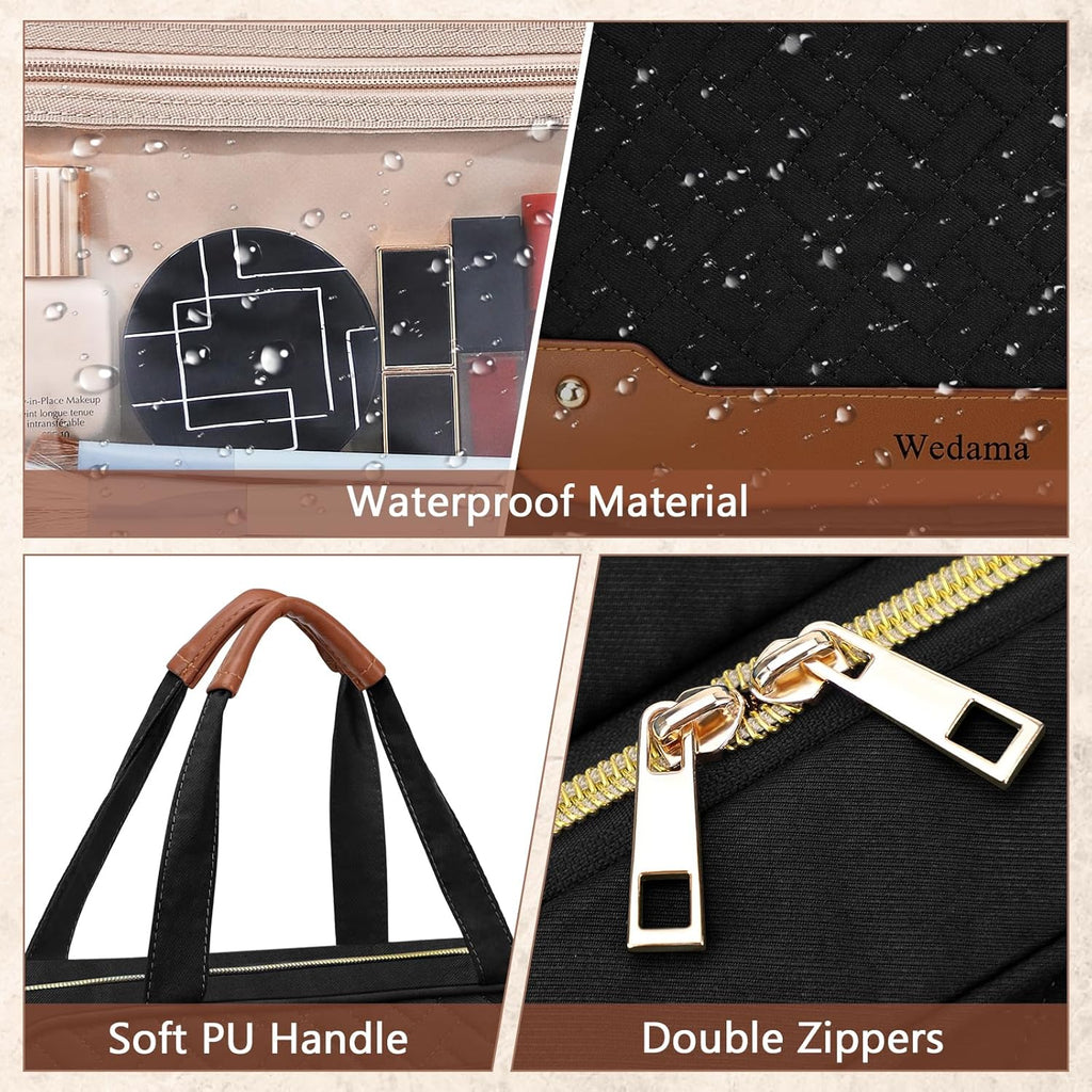 Wedama Toiletry Bag for Women, Hanging Travel Toiletry Bag with Jewelry Organizer Compartment Medium Makeup Bag, PVC Waterproof Cosmetic Travel Bag Trips Camping Bathroom, Black+Brown