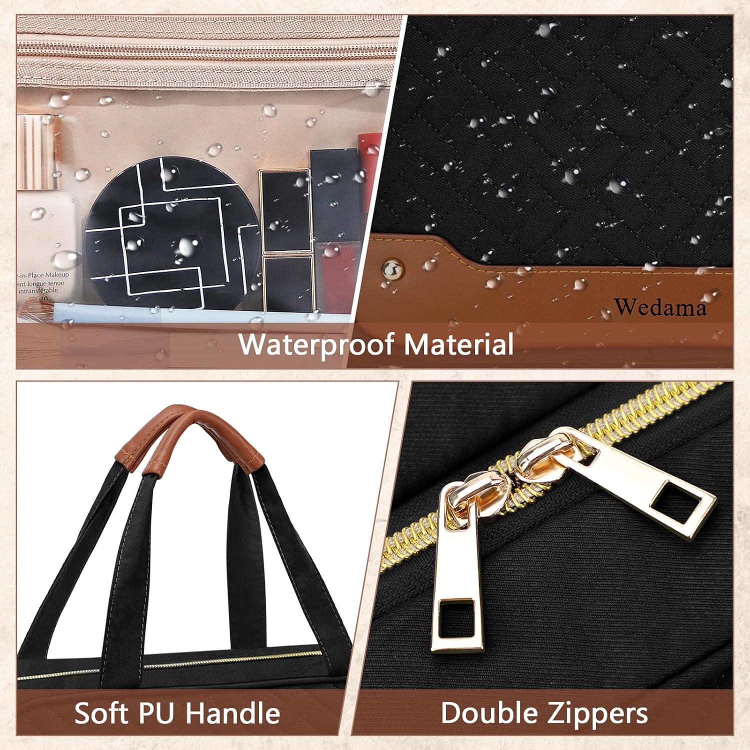 Wedama Toiletry Bag for Women, Hanging Travel Toiletry Bag with Jewelry Organizer Compartment Medium Makeup Bag, PVC Waterproof Cosmetic Travel Bag Trips Camping Bathroom, Black+Brown