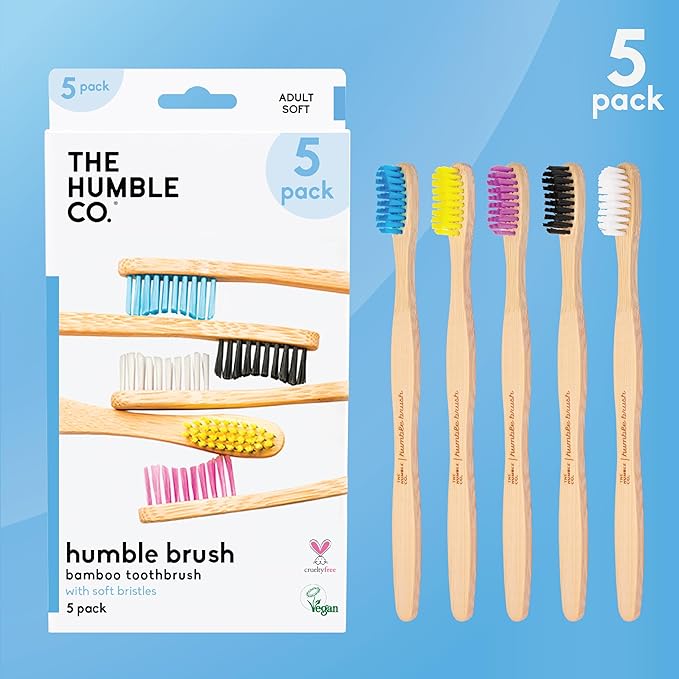 The Humble Co Bamboo Toothbrushes, 5 Pack - Soft Bristles Natural Bamboo Toothbrush - BPA Free Soft Bristles for Sensitive Gums - Non-Toxic & Plastic Free Handle - Dental Oral Care & Hygiene