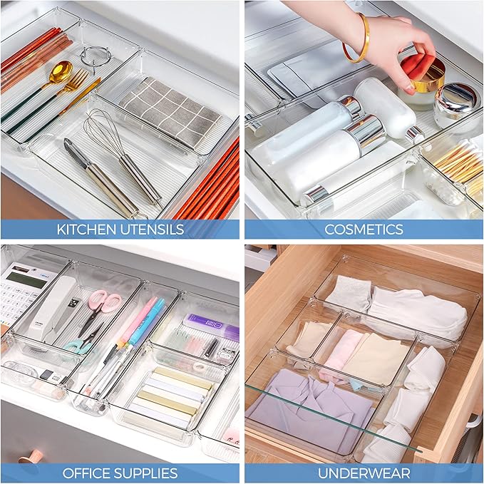 Ravinte 25 PCS Drawer Organizer Plastic Storage Bins, 4 - Size Kitchen Drawer Organizer with Non-Slip Pads Clear Desk Storage Tray for Makeup, Jewelries, Kitchen Utensils and Office