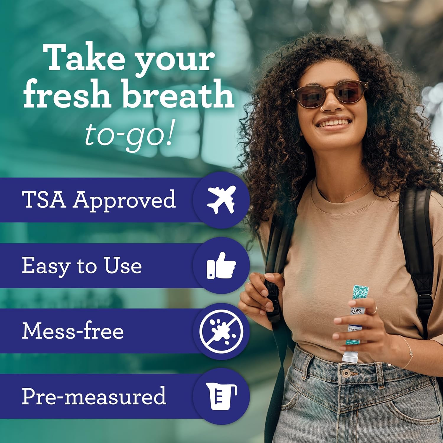 GuruNanda Travel Sachets Coconut Oil Pulling, Fresh Breath Mouthwash, 7 Essential Oils & Vitamins for Happy Teeth & Gums, with Tongue Scraper, 28 Sachets