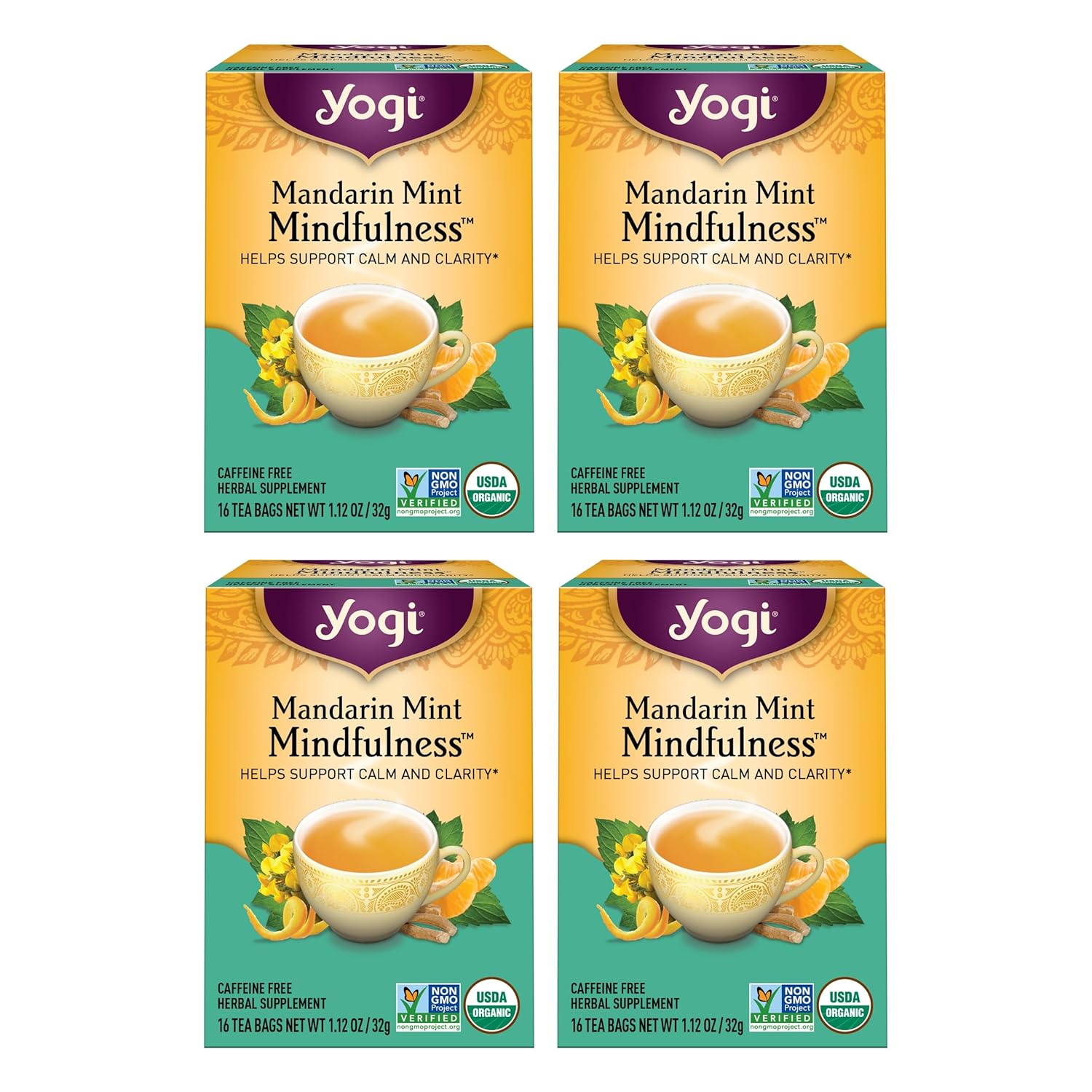 Yogi Tea Mandarin Mint Mindfulness - 16 Bags per Pack (4 Pack) - Organic Mandarin Mint Tea - Calming Herbal Tea - Includes Ashwagandha, Reishi Mushroom, Mandarin, Peppermint & More