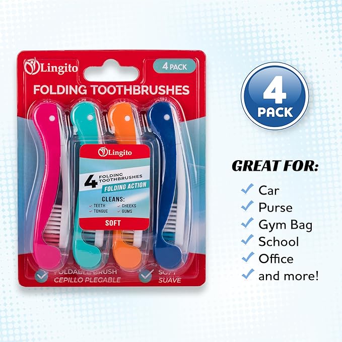 Lingito Travel Mini Toothbrush with Cover, Folding Interlock Toothbrush Adult 4 Pack Soft