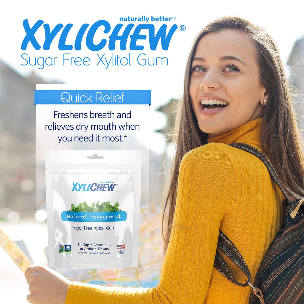 Xylichew 100% Xylitol Chewing Gum - Non GMO, Non Aspartame, Gluten Free, and Sugar Free Gum - Natural Oral Care, Relieves Bad Breath and Dry Mouth - Peppermint, 50 Count