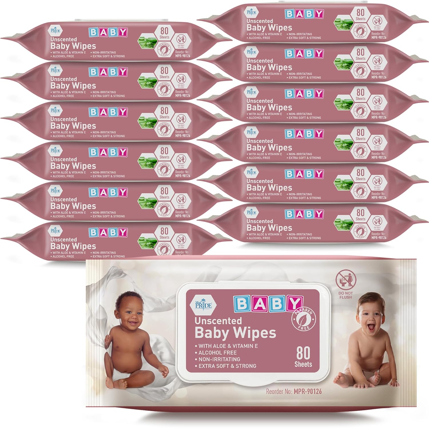 MED PRIDE Unscented Baby Wipes Bulk, 12 X 80 Ct =960 Wipes Total, Alcohol-Free, Aloe Vera & Vitamin E, Extra Soft & Strong, Paraben-Free, Non-Irritating