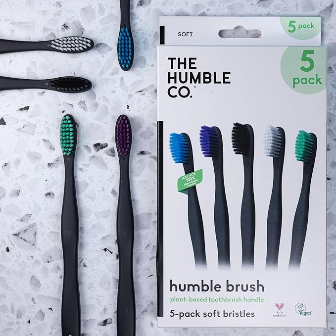The Humble Co Plant-Based Soft Bristle Toothbrushes, 5 Pack - Manual Tooth Brush Set for Adults - Made with Plant Based Materials & BPA-Free Bristles - Dental Oral Care & Hygiene