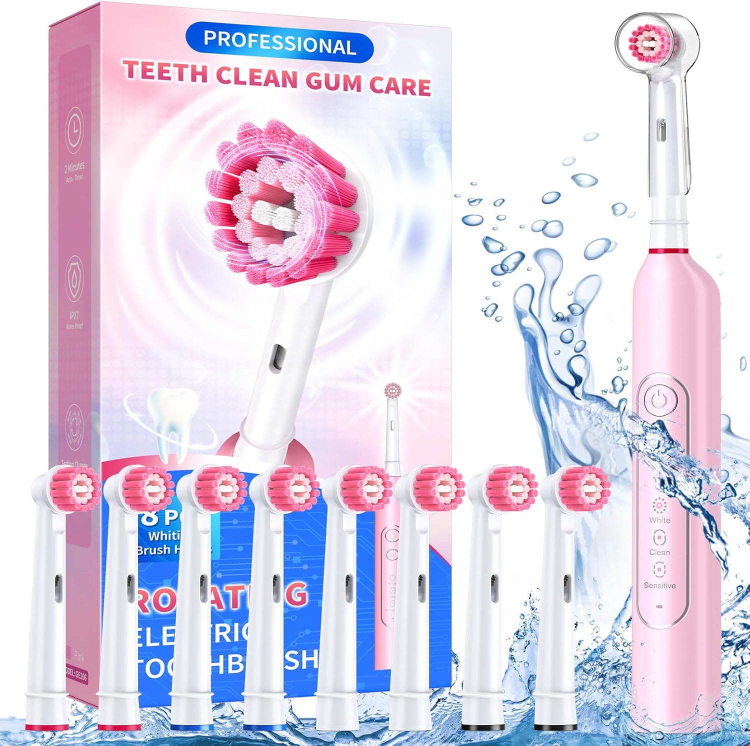 TEETHEORY Rotating Electric Toothbrush for Adults with 8 Brush Heads, Deep Clean Rechargeable Electric Toothbrush with 4 Modes and 2 Min Smart Timer, Last 30 Days and IPX7 Waterproof Pink
