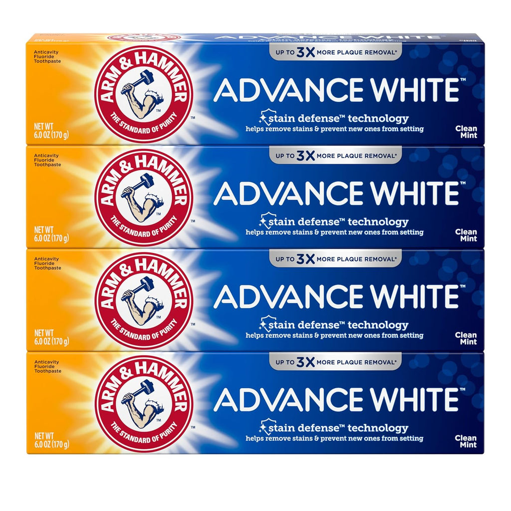 ARM & HAMMER Advance White Toothpaste, Teeth Whitening Baking Soda Toothpaste with Stain Defense Technology and Fluoride, Clean Mint Flavor, 6.0 Oz (Pack of 24)