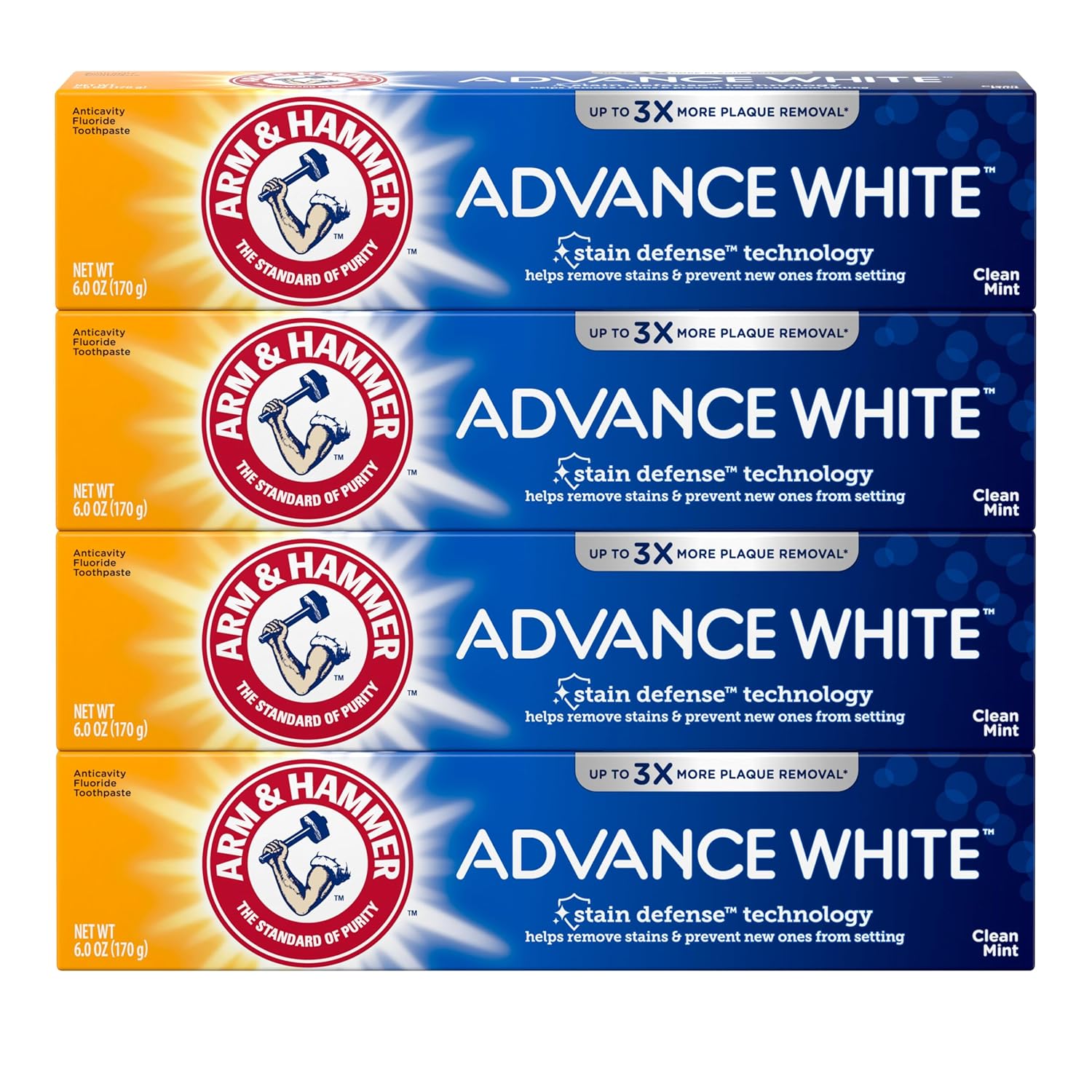 ARM & HAMMER Advance White Toothpaste, Teeth Whitening Baking Soda Toothpaste with Stain Defense Technology and Fluoride, Clean Mint Flavor, 6.0 Oz (Pack of 24)