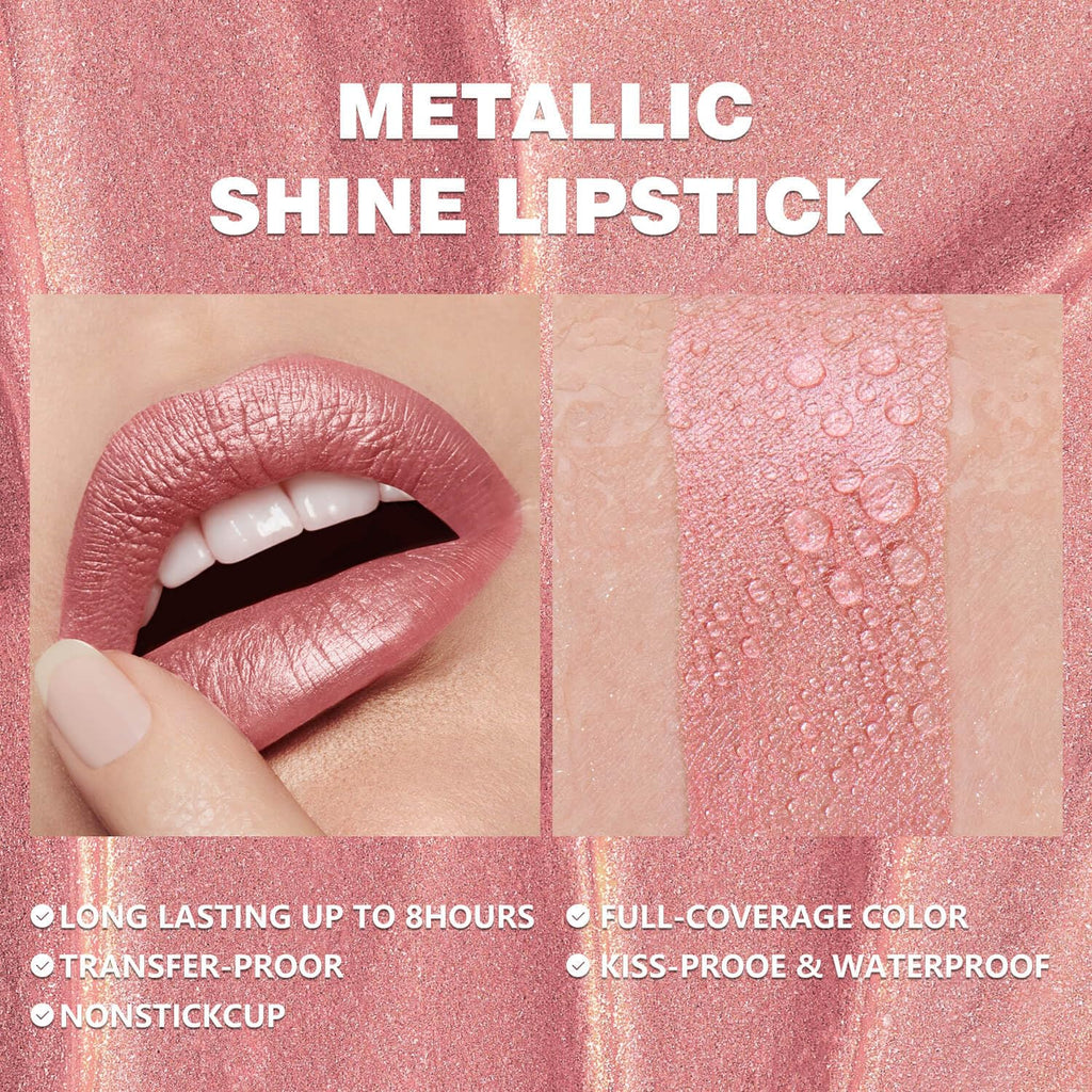 Nude Pink Metallic Liquid Lipstick – Long Wear Waterproof Lip Gloss with High Pigment, Smudge-Proof, Non-Sticky, Lightweight Lip Makeup for Party, Stage & Daily Wear (Glow Time)