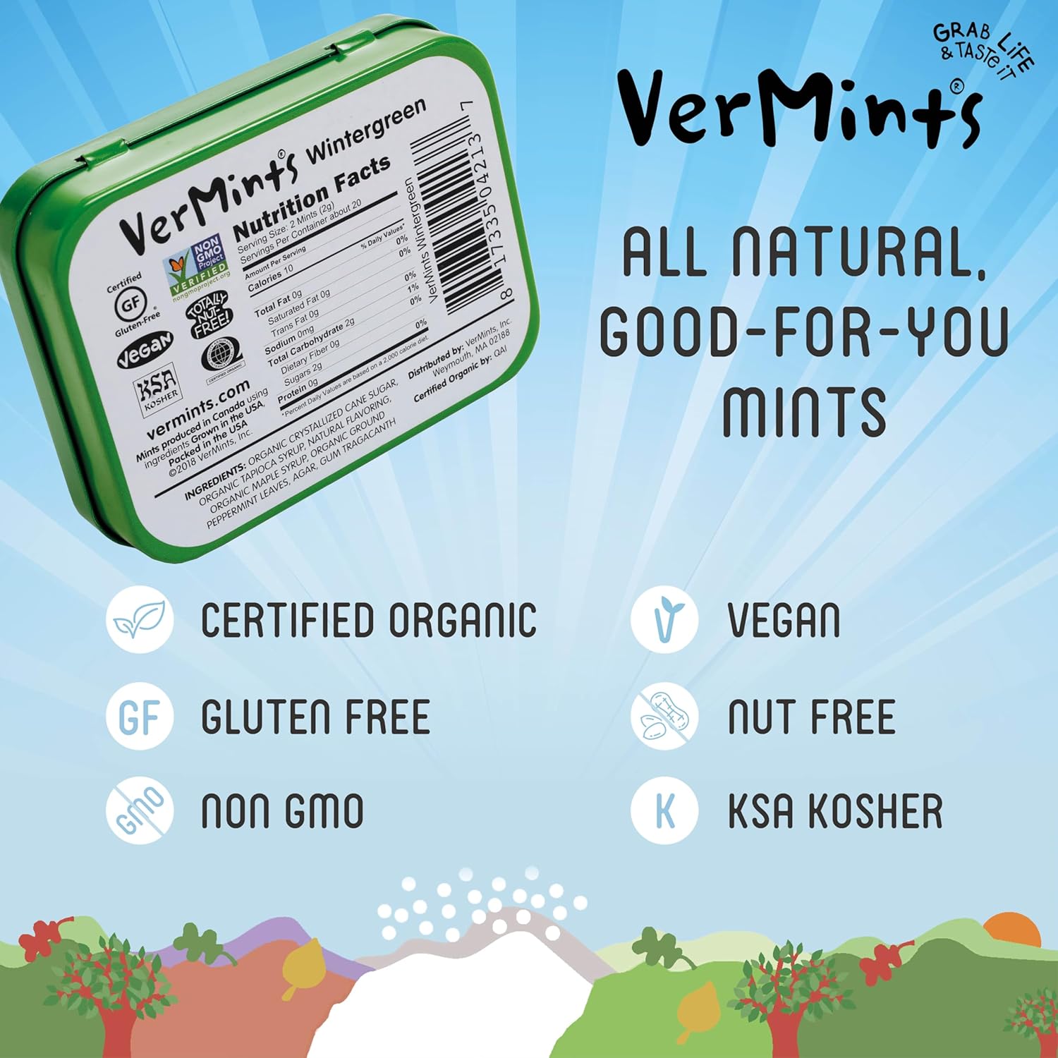 VerMints Organic Breath Mints Wintergreen - Real Long-Lasting Refreshment, Travel Size Tin - Non-GMO, Vegan, Nut Free, Gluten Free & Kosher Organic Candy Mints- 1.41oz Tins (Pack of 6)
