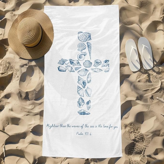 Blue Seashell Cross Christian Beach Towel, Seashell Cross Pool Towels, Christian Bible Coastal Large Beach Bath Travel Towels for Bathroom Swimming Camping, Nautical Bathroom Decor, 30x60in