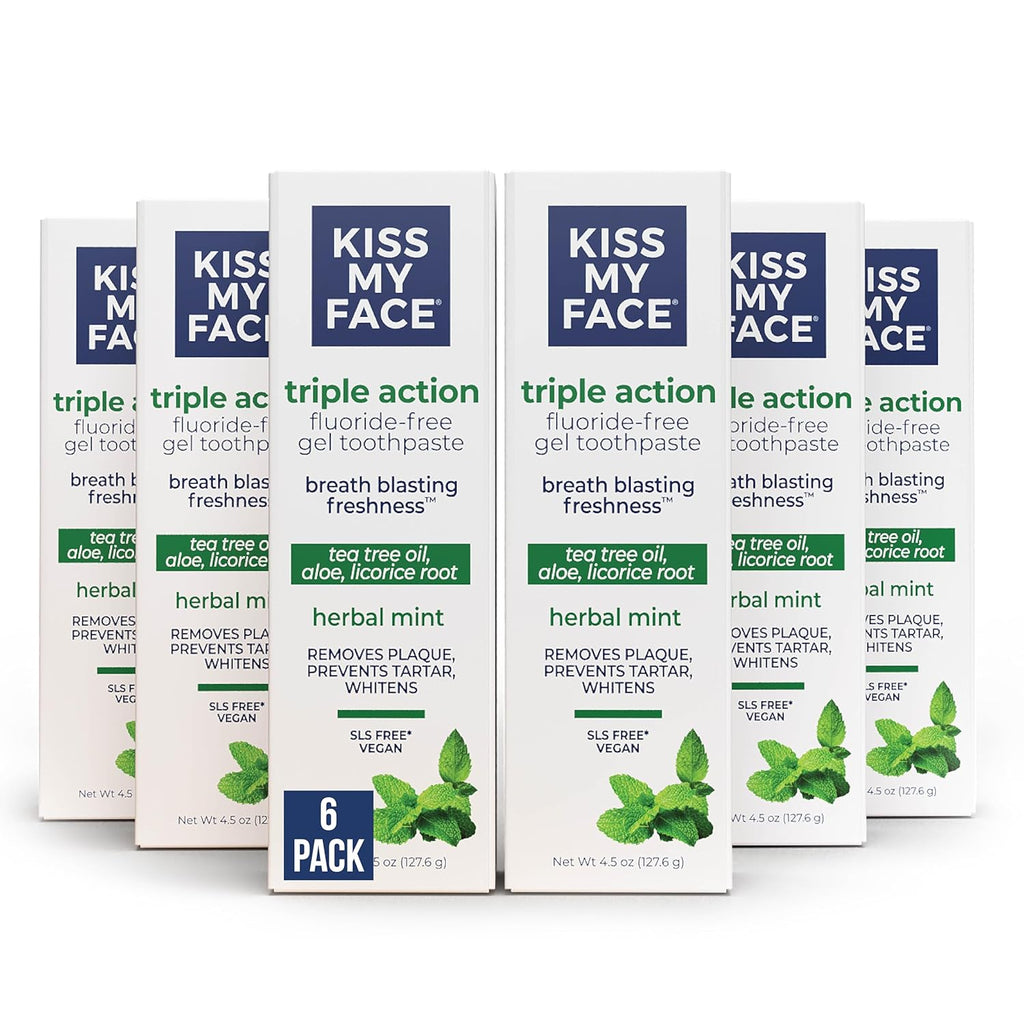 Kiss My Face Triple Action Toothpaste Gel, Herbal Mint Flavor, Removes Plaque, Whitens Teeth, Prevents Tartar, with Tea Tree Oil and Aloe, Fluoride Free, Vegan, 4.5 oz, 3 Pack
