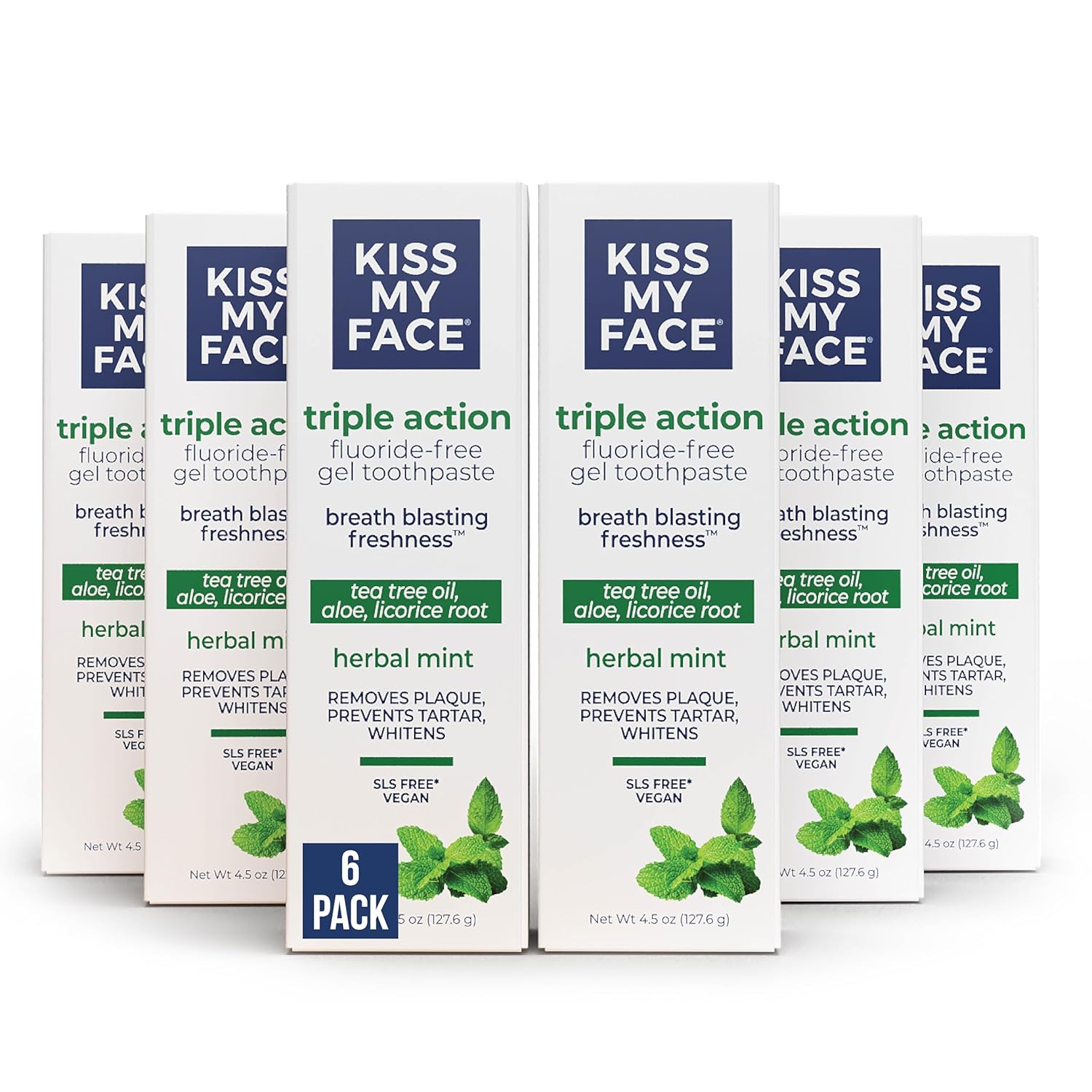 Kiss My Face Triple Action Toothpaste Gel, Herbal Mint Flavor, Removes Plaque, Whitens Teeth, Prevents Tartar, with Tea Tree Oil and Aloe, Fluoride Free, Vegan, 4.5 oz, 3 Pack