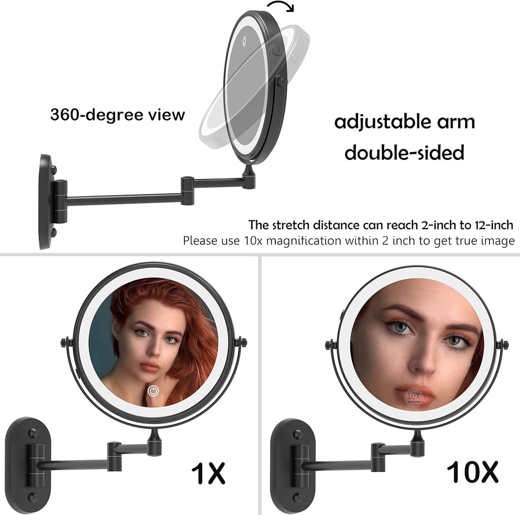 Ruacq Rechargeable Makeup Mirror Matte Black Double Sided Vanity Mirror with Lights Round 1x/10x Magnification 8 Inch Led Magnifying Mirror Stainless Steel and Zinc Alloy Modern Wall Mounted