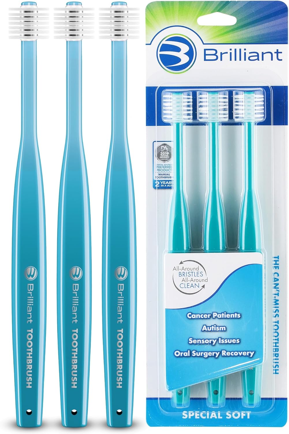 Brilliant Specialty Adult Round Toothbrush for Sensitive Mouths to Support Chemo and Other Sensory Oral Care Needs with Ultra Soft Bristles, Teal, 3 Pack