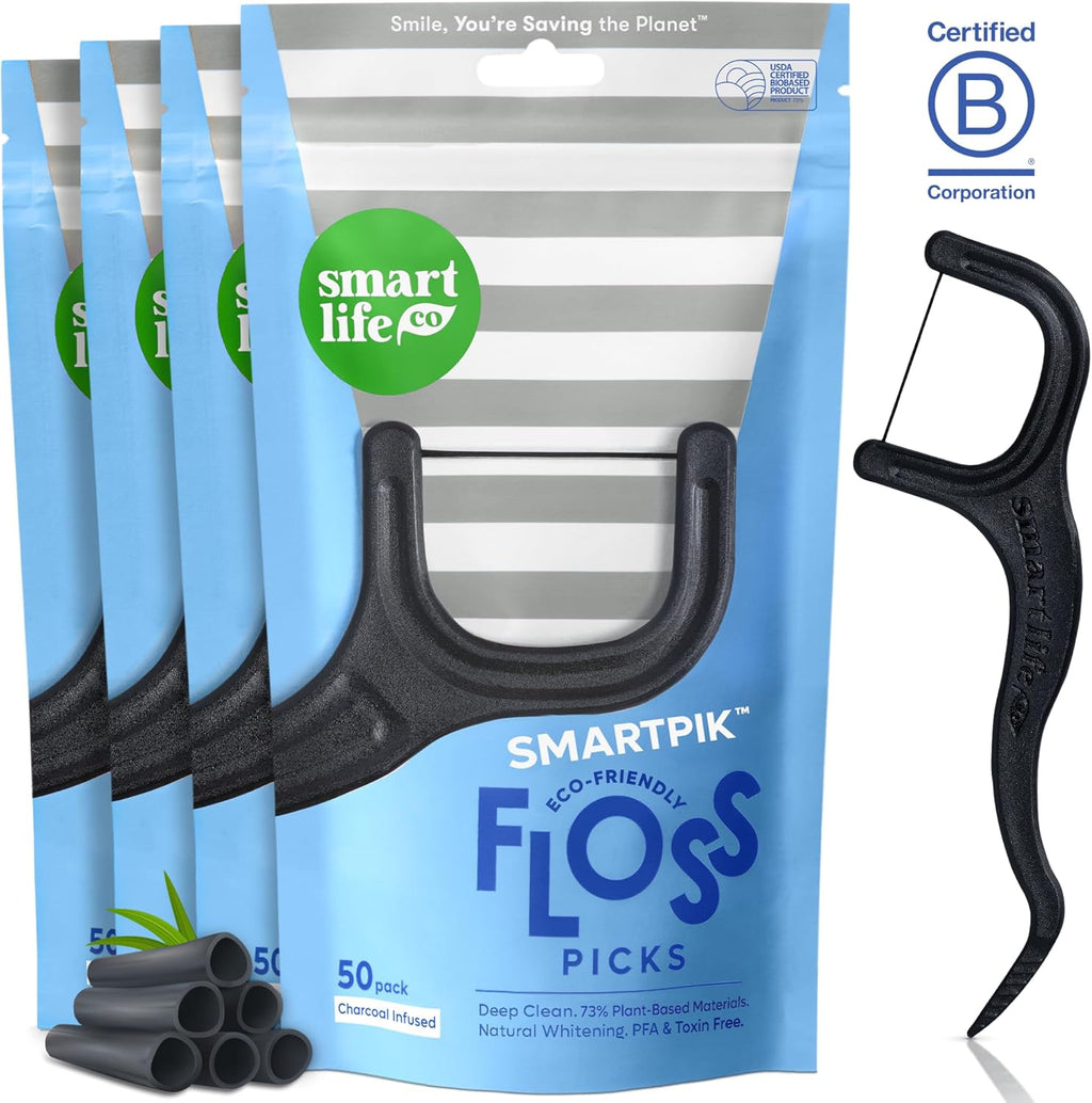 SmartLifeco Eco-Friendly Dental Floss Picks (200ct) - Flossers Made with Straw Wheat Blend, Natural Teeth Whitening, Tooth Pick Stick for Adults, Soft on Gums, Activated Bamboo Charcoal Floss Thread